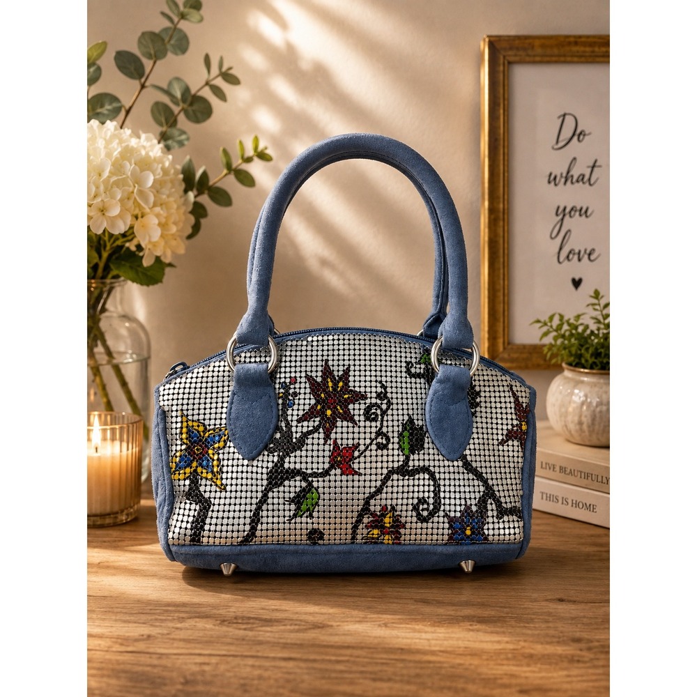 Whiting & Davis Floral Metal Mesh Handbag Blue Suede Trim Silver Dome Satchel